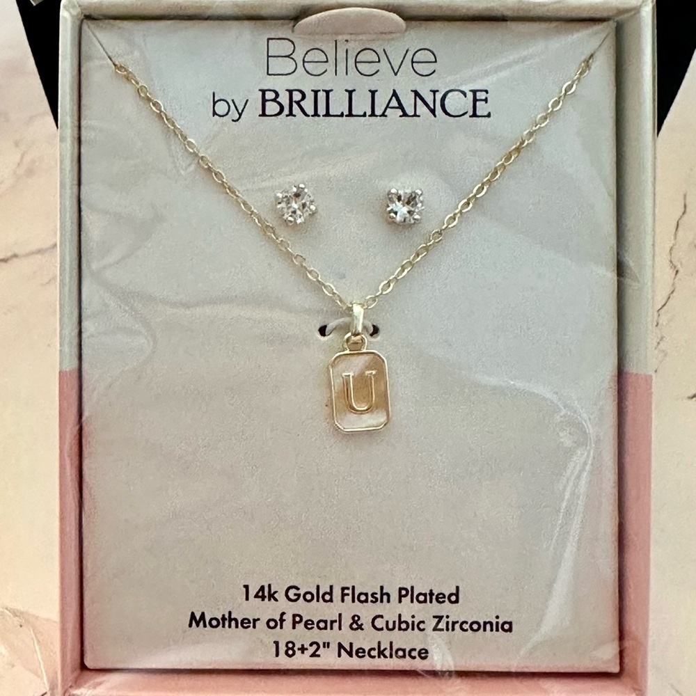 Gold Flash Plated Initial “U” MOP & Cubic Zirconia Necklace And Stud Earring Set